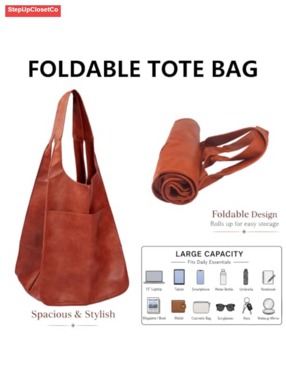 Oversized PU Leather Hobo Tote Bag Large Capacity Work Travel Shopping - Picture 2 of 6